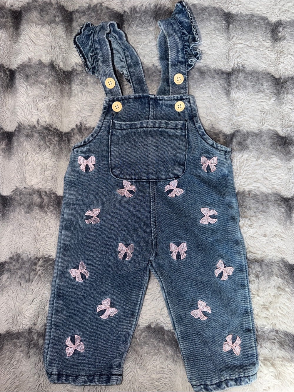 Denim Overalls with Pink Bow Embroidery - Kids Bottoms